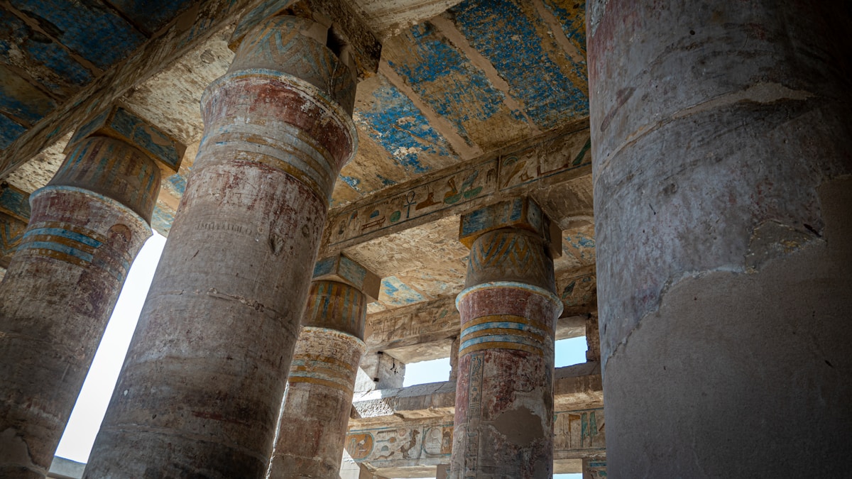 The Great Hypostyle Hall at Karnak Temple, showing rows of massive papyrus-shaped sandstone columns