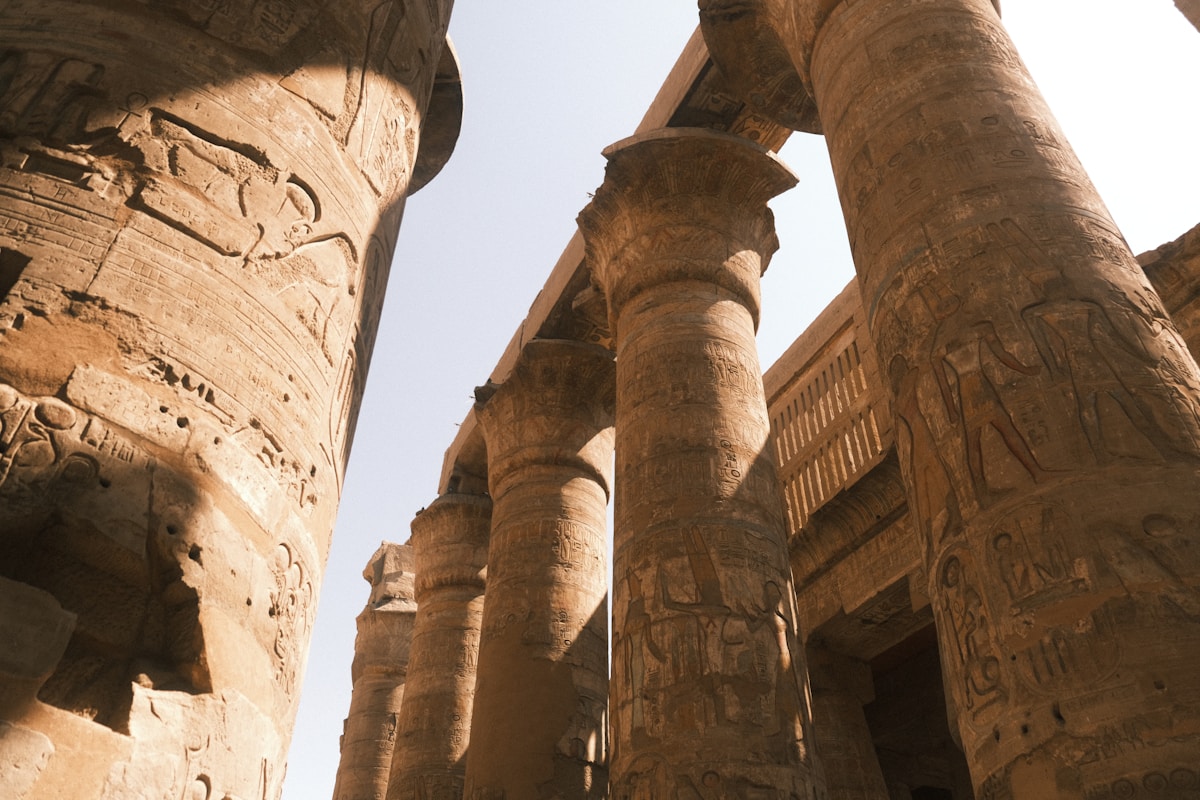 The first pylon of Medinet Habu temple with painted reliefs, Luxor West Bank