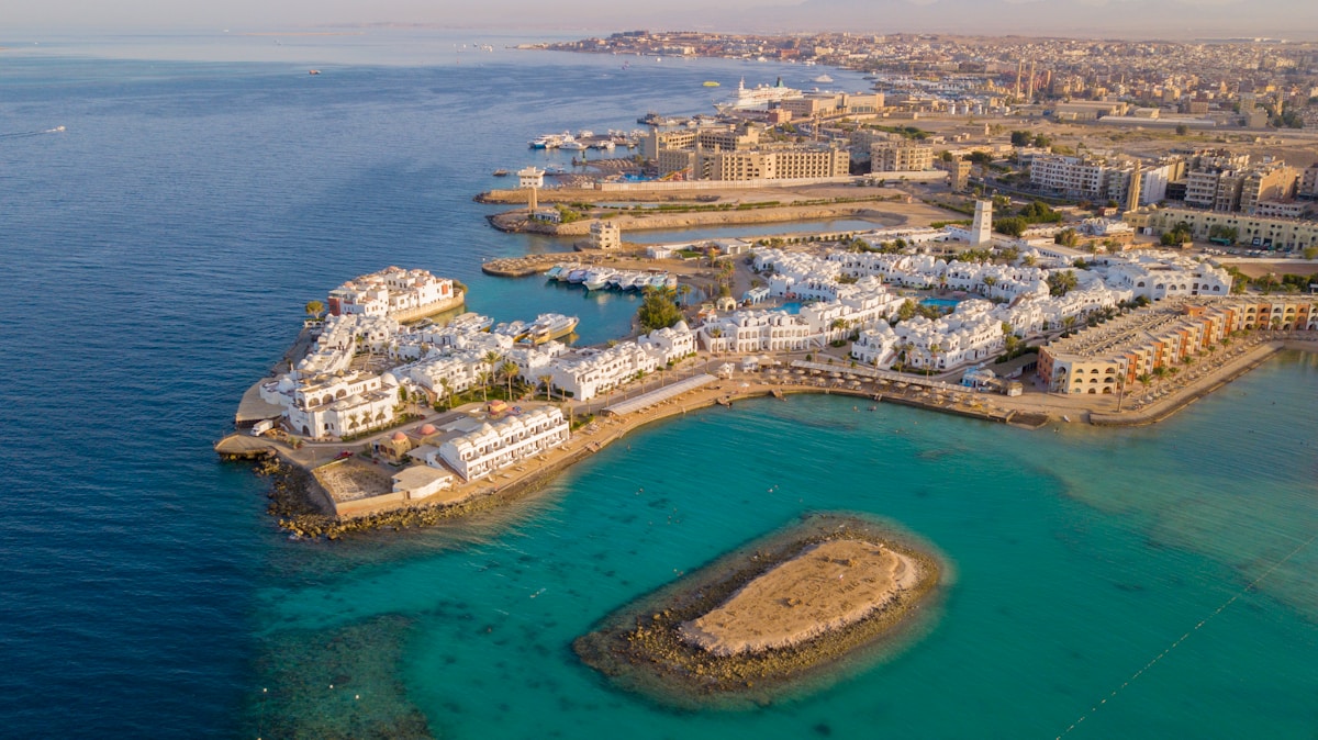 Aerial view of Hurghada marina and Red Sea coast, Egypt