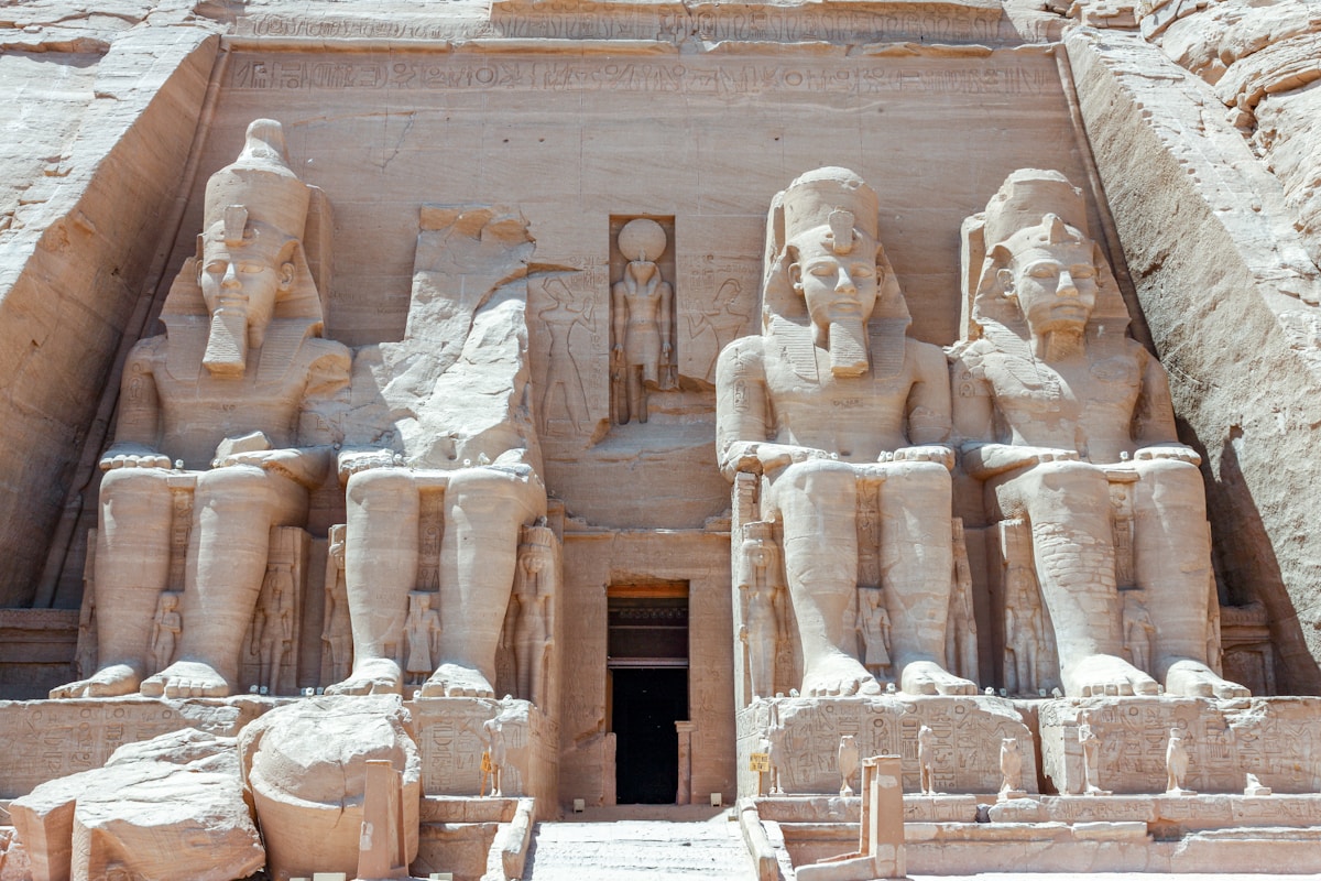 Abu Simbel temple with four pharaoh colossi, southern Egypt