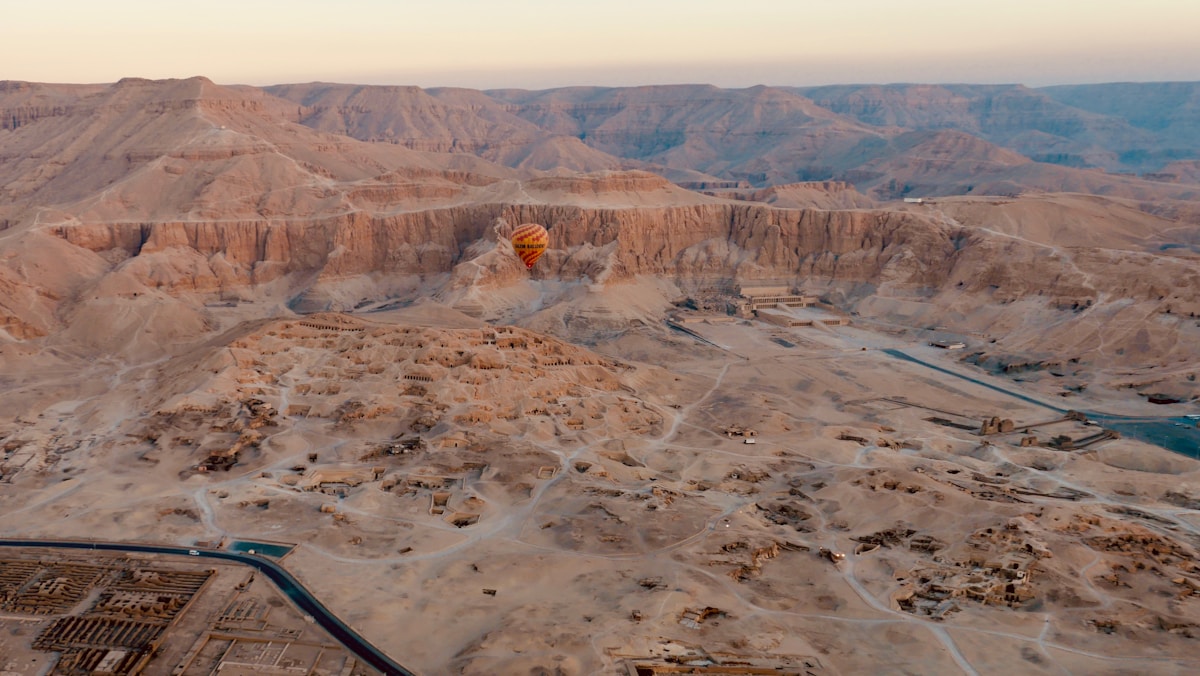 Hot air balloon over the Valley of the Kings, Luxor, Egypt